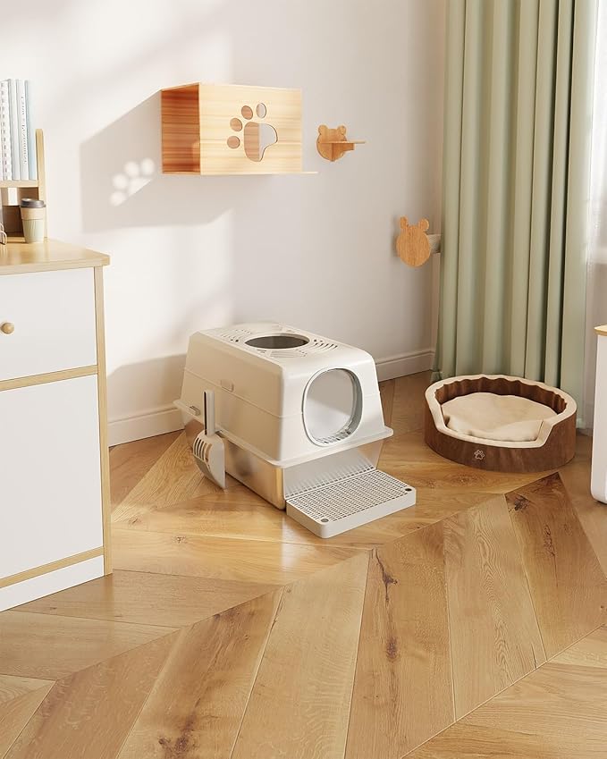 XL Stainless Steel Cat Litter Box with Lid, Enclosed High-Sided Top-Entry Design, Large Metal Kitty Litter Box Equipped with Scoop and Trash Bin, White