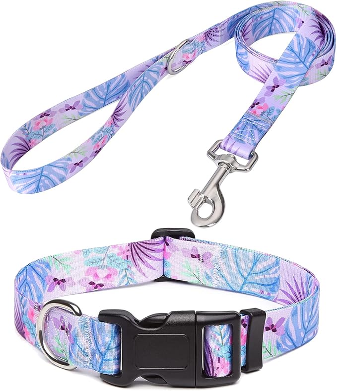 Mihqy Dog Collar and Leash Set with Bohemia Floral Tribal Geometric Patterns - Soft Ethnic Style Collar Adjustable for Small Medium Large Dogs(Purple Flower Flower Set,M)