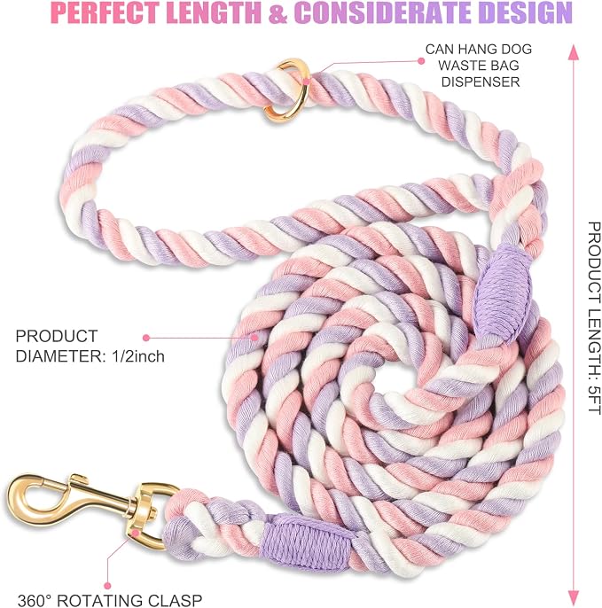 Dog Leash 5 FT Handmade Braided Cotton Rope Leashes for Small Medium and Large Dogs, New Golden Heavy Duty Metal Clasp, Unicorn Purple