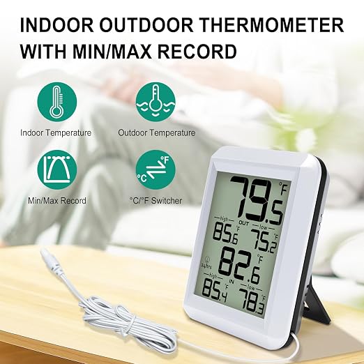 Urageuxy Digital Indoor Outdoor Thermometer Wired, Indoor Outdoor Temperature Monitor with Min/Max Record and Probe Sensor for Home, Office, Greenhouse, Aquarium, Refrigerator, Freezer (White)