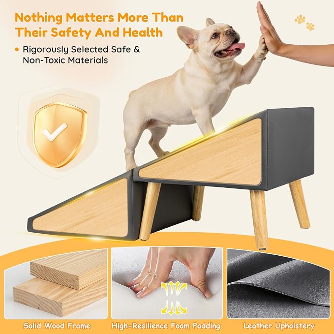 17" H Dog Stairs for Small Dogs – 4-Step Non-Slip Dog Ramp for Couch, Foldable 2-in-1 Pet Stairs & Ottoman, Upgraded Pet Steps for Puppies, Senior Dogs & Injured Pets, Solid Wood Frame (Grey)