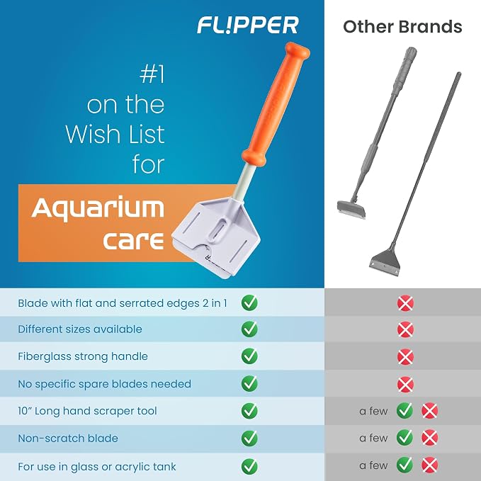 FLIPPER Platinum Stubby Hand Algae Scraper – Aquarium Glass & Acrylic Cleaner with Precision Scraper Blade, Fish Tank Cleaning Tool for Freshwater & Saltwater Aquariums (10” Rigid Shaft)