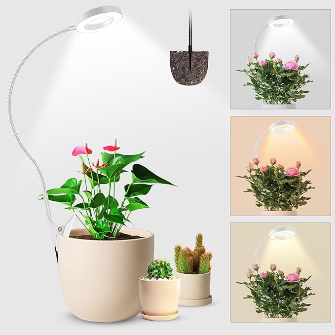 2 in 1 Plant Lights for Indoor Growing, 3 Colors Plant Grow Lights | 48 LEDs Full Spectrum Grow Lights for Indoor Plants with 360° Gooseneck, 6/12/16H Timer, 5 Brightness, White 1 Pack