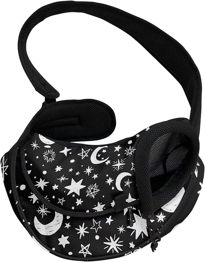 FUSURIRE Moon Star Printed Pet Sling Carrier for Small Dogs and Cats, Black White Puppy Carrier Front Backpack with Adjustable Strap Breathable Travel Bag Mesh Outdoor Dog Carrier Front Pack