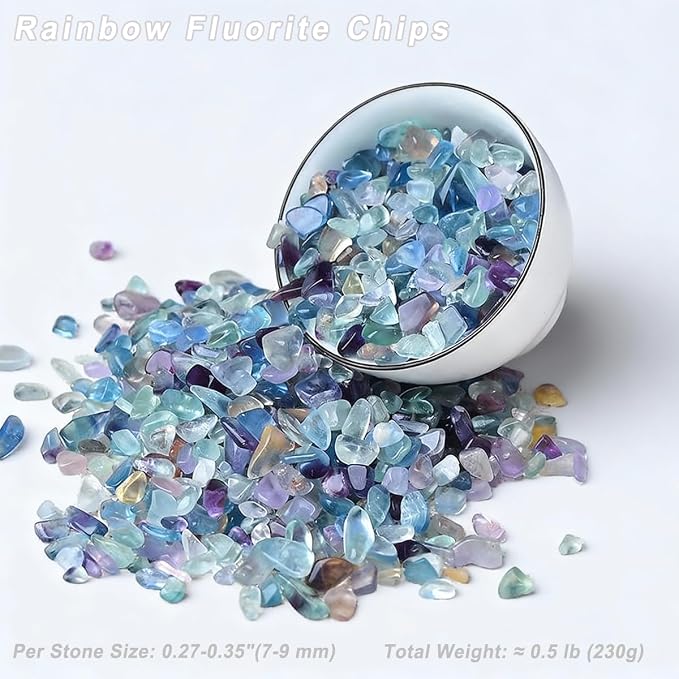 Erliway Rainbow Fluorite Crystal Chips Bulk for Vase Filler, 0.5 lb 7-9 mm | Natural Crushed Crystal Stone for Spell Jar, Aquarium Gravel, Reiki Healing Meditation, Jewelry Making, Resin Art, Home Décor