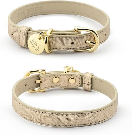 Rio Dog Collar Saffiano Vegan Leather Color Gold Size M