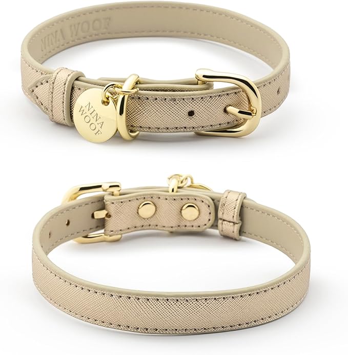 Rio Dog Collar Saffiano Vegan Leather Color Gold Size S