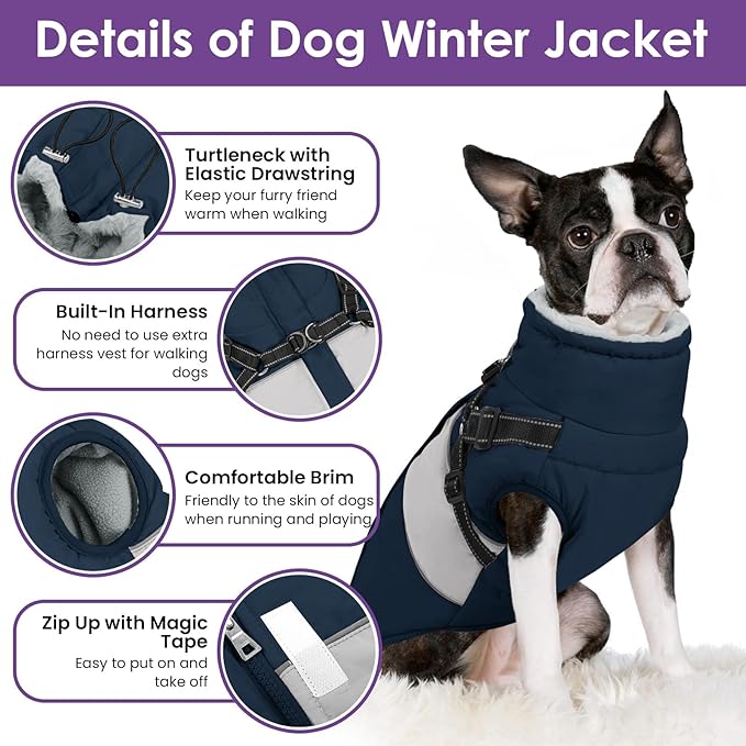 Dog Jacket, Large Dog Coat with Harness Built in, Warm Pet Winter Jacket Zippered Snow Coat with Furry Collar, Waterproof Fleece Snowsuit for French Bulldog, Navy Blue L