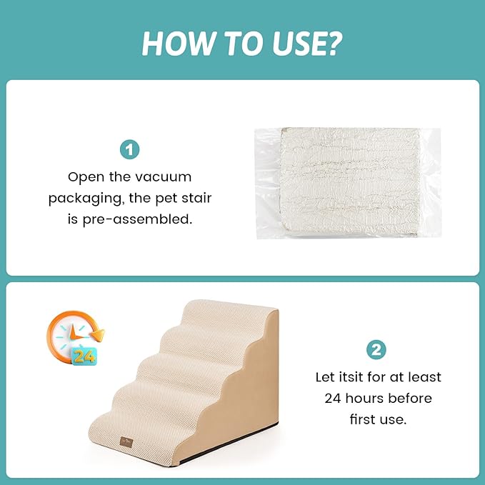 COZY KISS Wide Dog Stairs 19.7" Width, Pet Step for Small Medium/Large Dog, Puppy or Cat, Pet Ramp for High Bed or Car, High Density Foam Ladder, Stable, 5 Step, 19.7x33x22.4 in, Beige