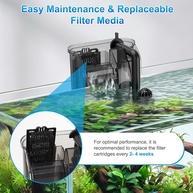 AQQA Aquarium Hang on Back Filter Whisper Fish Tank HOB Filter | Adjustable Flow, Multi-Stage Filtration with Surface Skimmer & Sponge Guard for Small Fish Tanks 4-21 Gallon (3W, 80GPH)