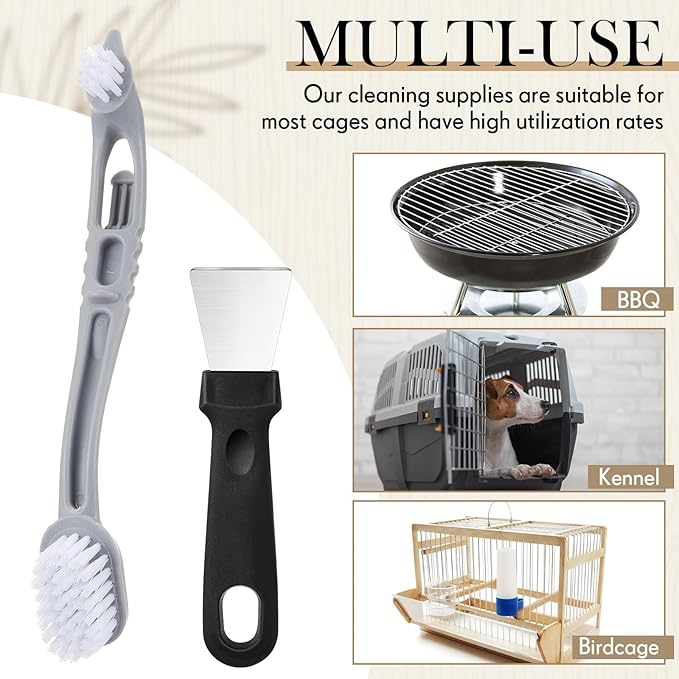 Teenyyou 2 Pack Bird Cage Cleaning Brush & Scraper Set - Stainless Steel Bird Droppings Removal Tool, Long Handle for Parrot Cages, Pet Cages & Perch