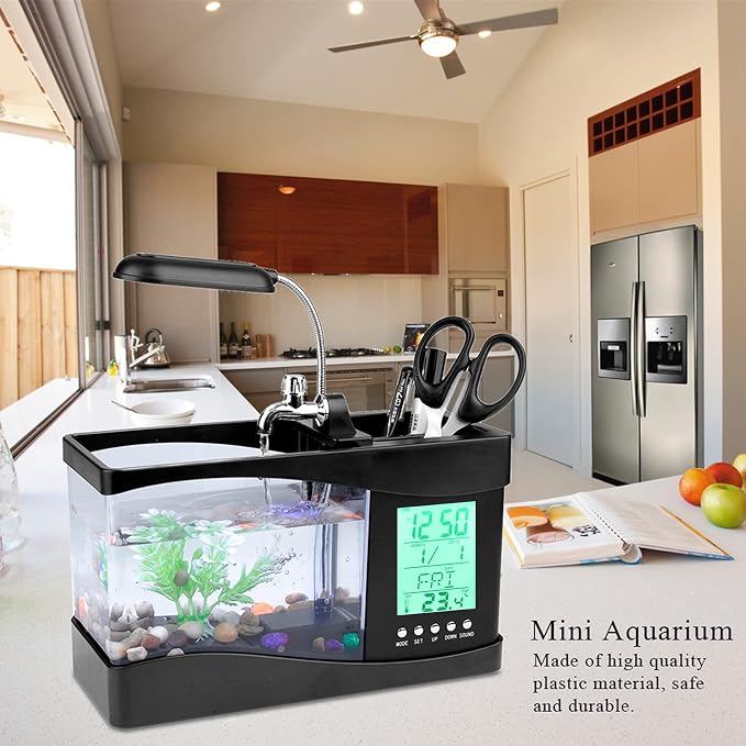 Mini Fish , Multifunctional USB Rechargeable Fish Desktop Electronic Aquarium with Clock Function LED Light Pen Holder for Office, Home