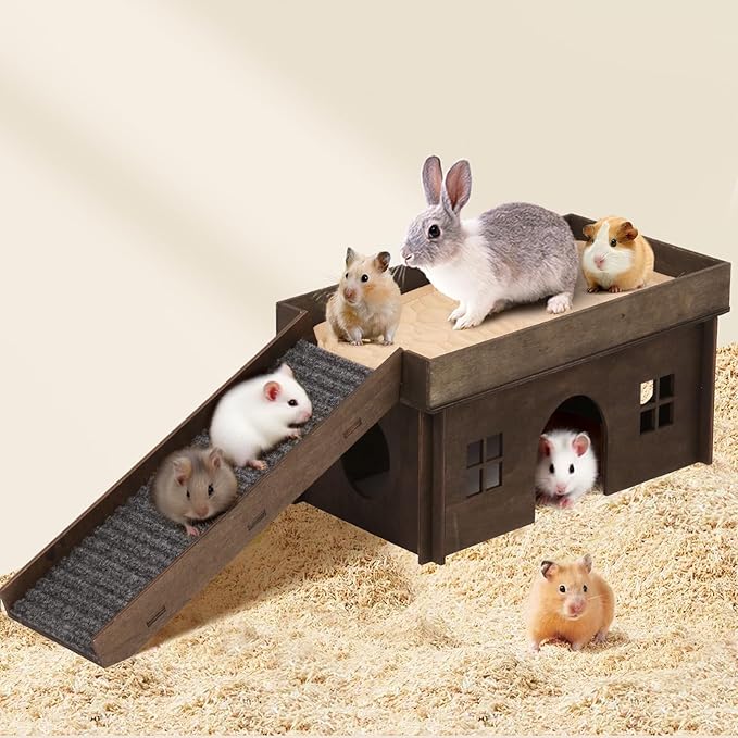 Large Bunny House with Stair, Wooden Bunny Castle Rabbit Hideout, Chinchilla and Guinea Pigs Hut Hideouts, Sturdy Rabbit Cage Hamster Hideout Bed Hutch（Excluding String Lights）