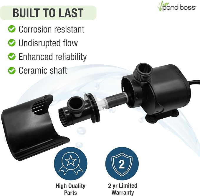 pond boss 500 GPH Submersible and In-Line Water Pump for Hydroponics, Aquaponics, Fountains, and Freshwater Aquariums – Adjustable Flow, Quiet Operation, Includes Tubing Adapters