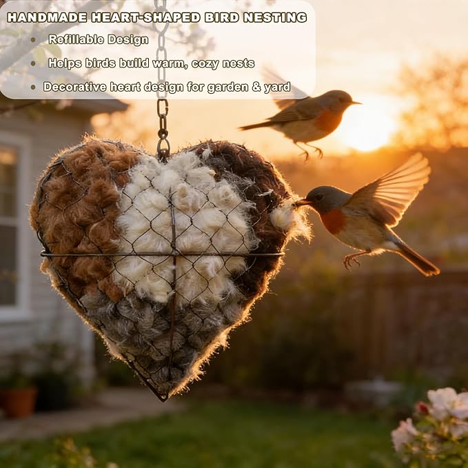 Handmade Fiber Bird Nesting Heart, Alpaca Bird Nesting Material Holder, Hummingbird Houses Nest Boxes,Garden Art Birdhouse Outside Gifts for Birds Lovers