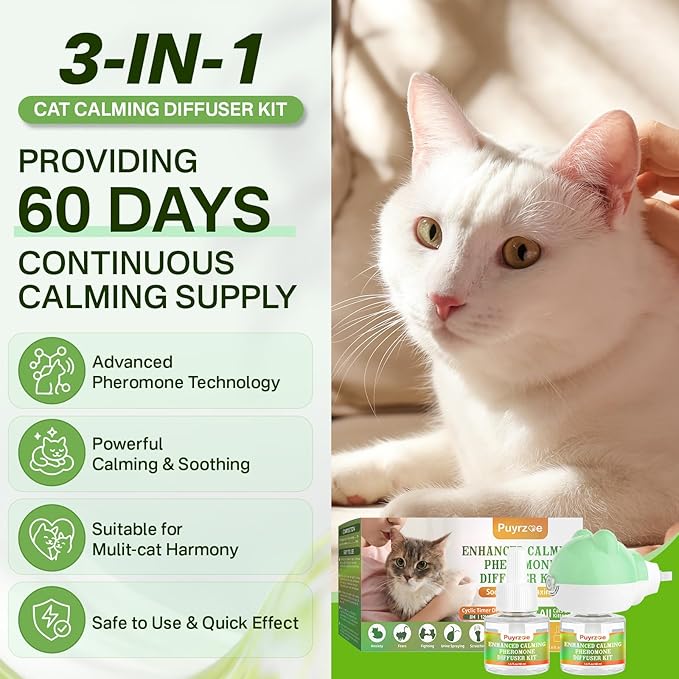 puyrzoe Cat Calming Diffuser with Timing Function, 3-in-1 Cat Pheromones Calming Diffuser Kit, 60-Day Anxiety Relief, Stress Relaxation Cat Pheromone Diffuser for All Cats (1 Diffuser + 2 Refills)