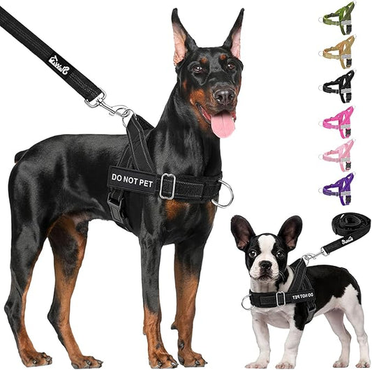 Lukovee No Pull Dog Harness & Leash Set - Heavy Duty Dog Vest Harness with Soft Padded for Medium Large Dogs, Adjustable Reflective Tactical Pet Harness for Easy Walk and Training (L, Black)