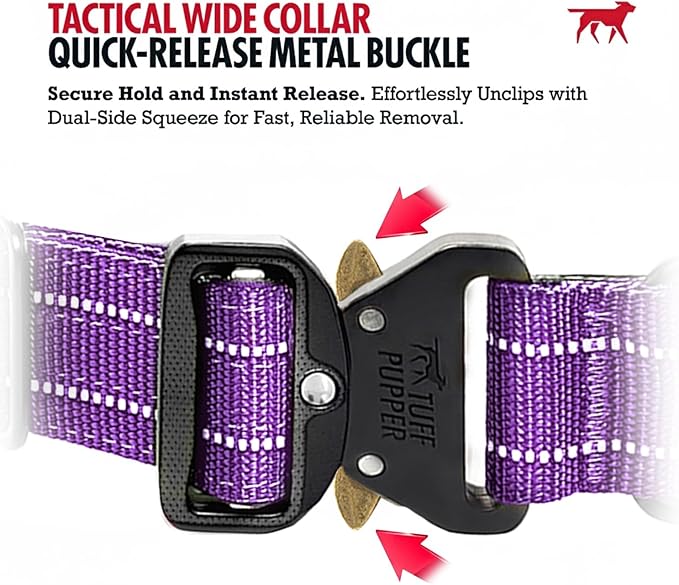 Tuff Pupper Tactical Dog Collar | Heavy Duty 1.5" Wide Ballistic Nylon | Training Control Handle | Quick-Release Metal Buckle | Reflective Bands | ID Tag Holder | Padded Inner Lining (Purple, Medium)