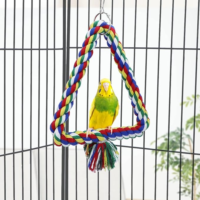 Bird Triangle Rope Swing Colorful Perch Chewing Toy for Parrots Budgie Parakeet Cockatiel Cockatoo (S)