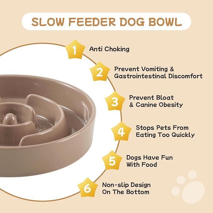 Havniva Ceramic 0.9 Cup Raised Slow Feeder Dog Bowl Set, Elevated 6.1inch Water Bowl and 6.1inch Slow Dish with Wooden Stand for Small Dogs(2 x Brown Coffee+ Stand)