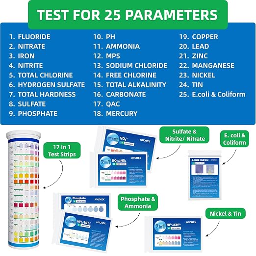 25 in 1 Home Drinking Water Test Kit, 165 Strips + 2 Bacteria Tests | Accurate Water Test Strips, Well & Tap Water Testing Kit, Tests Iron, Lead, Nitrate, Fluoride, Chlorine, Hardness, pH & More