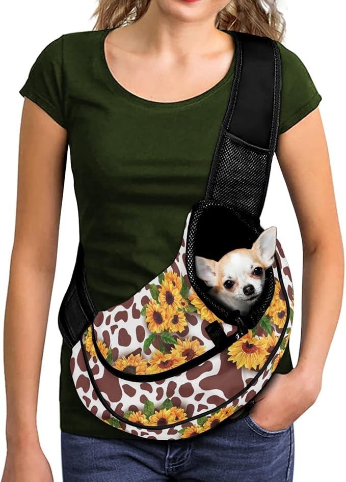 FUSURIRE Sunflower Cow Print Pet Sling Carrier Mesh Travel Bag for Small Dogs Cats Chihuahua Puppy Stuff with Adjustable Strap and Reinforced Buckle Design Safe Pet Carrier Front Pack