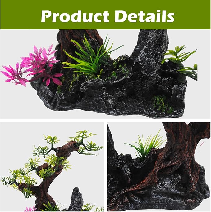 Aquarium Bonsai Tree Decor,Fish Tank Decorations Resin Rock View with Artificial Plants Accessories Betta Goldfish Ornaments Freshwater Saltwater Décor for Small Fish Shrimp