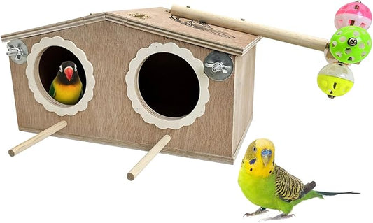 PINVNBY Parakeet Nesting Box Bird House for Cage Wood Bird Breeding Box with Bell Toys for Lovebirds Cockatoo Budgie Finch Canary Small and Medium-Sized Birds (Large: 11.02 * 6.06 * 6.06 inch)