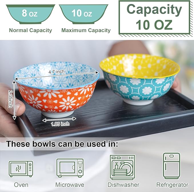 AntoKueh Set of 6 10oz Colorful Ceramic Bowls – 4.7-inch Small Bowls Perfect for Snack, Dessert, Sauce, or Dipping. Microwave & Oven Safe Porcelain