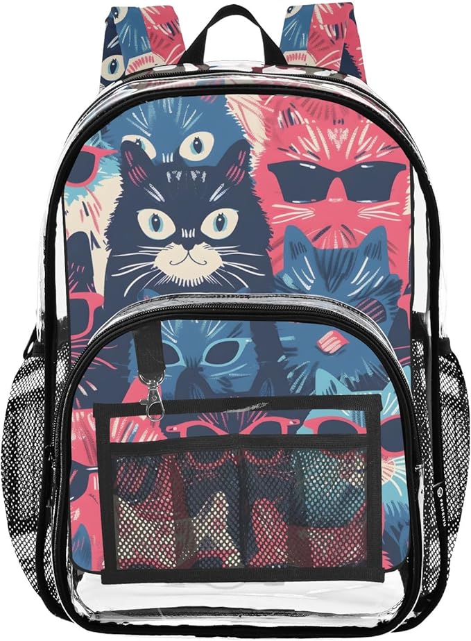 Bolaz Clear Backpack for School Cats Wear Glasses Transparent Bookbag for Girls See Through PVC Boy Backpacks