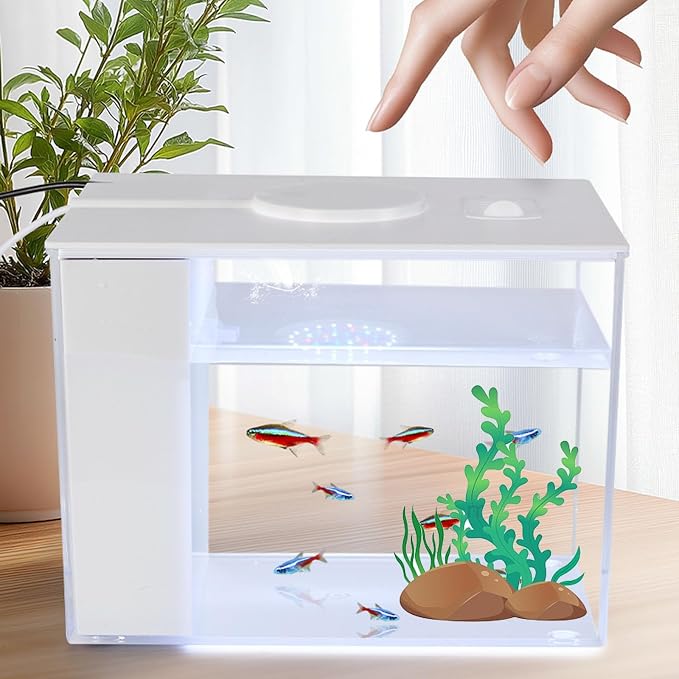 Mini Fish Tank Betta Aquarium Starter Kits Multifunctional Desktop LED Aquarium with Switch Button White, 1 Gallon