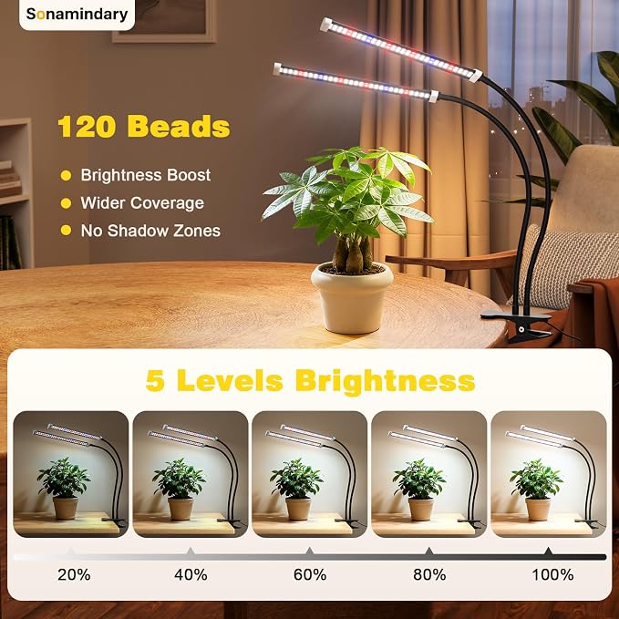 LED Grow Lights for Indoor Plants, Clip-On Clamp, Dual Head | 120 LEDs, Metal Arms with Silicone Sleeves, Upgraded 9V System, 5700K Full Spectrum, 4/8/12H Timer, 5 Brightness Levels