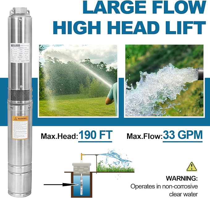 4" Deep Well Submersible Pump with 10FT Cable, 1HP, 230V/60HZ, 33GPM, 190FT Head, Stainless Steel Submersible Well Pumps Borehole Water Pump for Home, Factories, Irrigation, Farmland