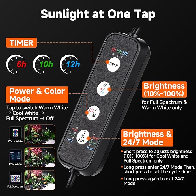 fishkeeper Clip On Aquarium Light, 24/7 Fish Tank Light with Timer, DIY 3 Colors & 10 Brightness Full Spectrum Aquarium LED Lights with Adjustable Metal Clamp for Freshwater Plants Fish Tanks (60W)
