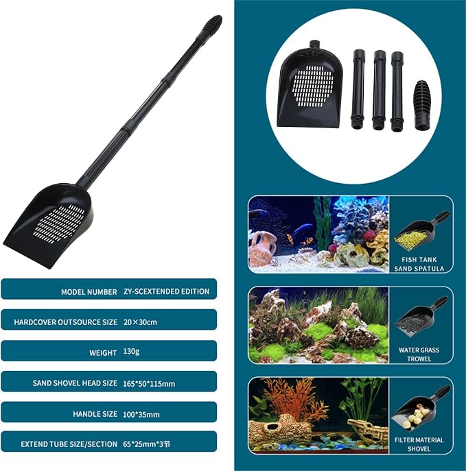 Aquarium Sand Sifter – Sand Shovel with Fine Mesh Grate, Fish Tank Gravel Tool for Waste & Debris, Black