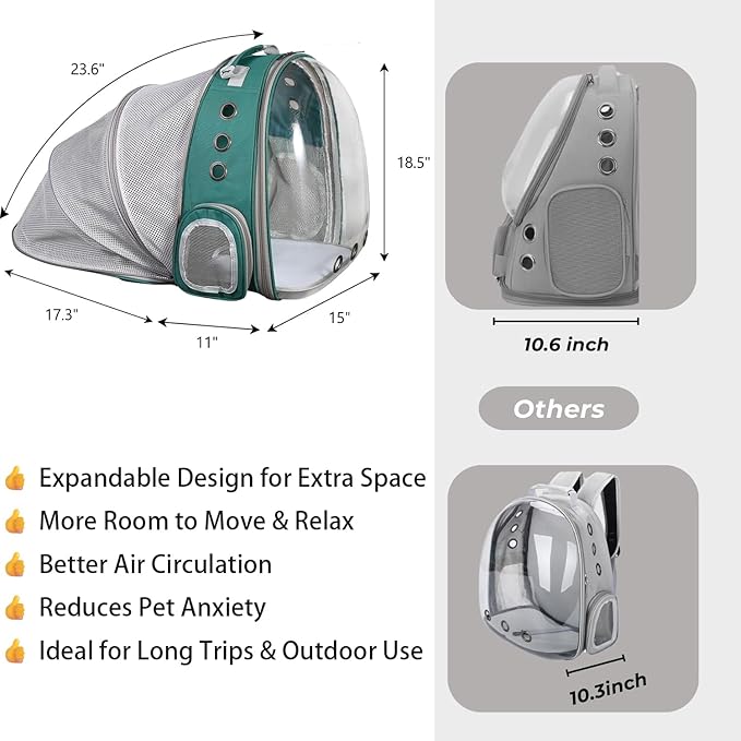Pet Carrier Backpack Expandable for Cats and Small Dogs, Breathable Anti-Collapse Design, Airline Approved Travel Backpack for Hiking and Outdoor Use (Back Expandable-Green)