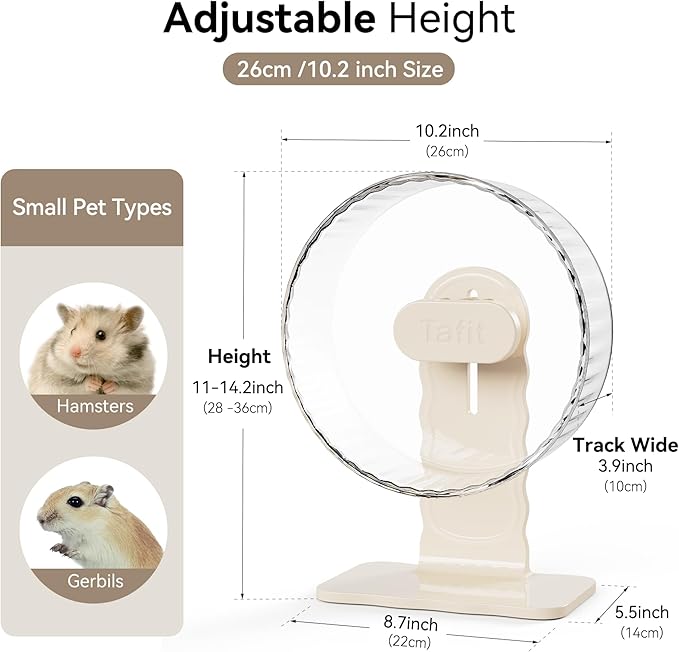 Quiet Hamster Wheel 8.7 Inch Dual-Bearings Silent Small Animals Running Exercise Wheel Height Adjustable for Syrian Hamsters, Gerbils, Rats, or Other Small Pets, Transparent