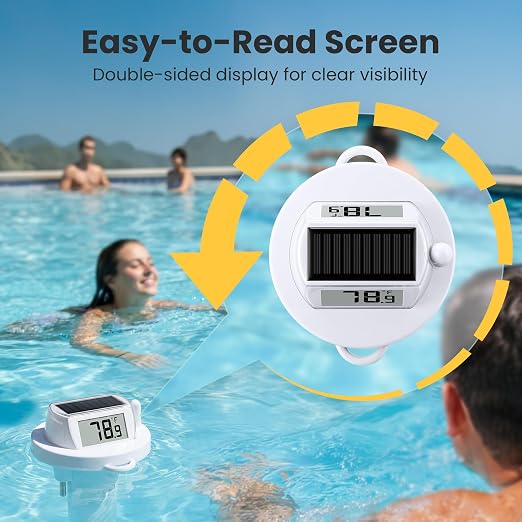 Pool Thermometer Floating, Digital Swimming Pool Thermometer, IPX8 Waterproof with Double Sided Display for Pond, Hot Tub, Aquarium (Solar Powered, White)