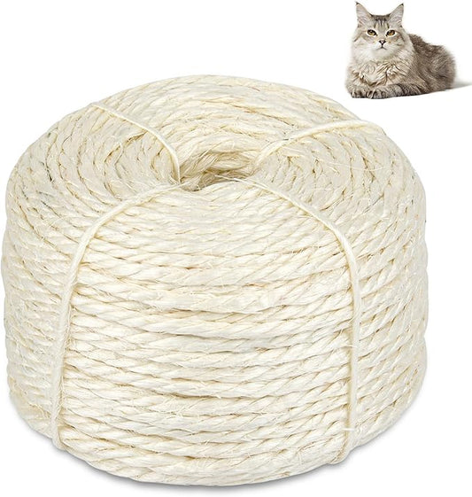 50 Feet Sisal Rope for Cat Scratching Post, 1/4 Inch White Cat Tree Rope, 1/4 Inch DIY Hemp Twine Rope for Repairing, Recovering Scratch Post Cats Tree Tower Replacement (White)