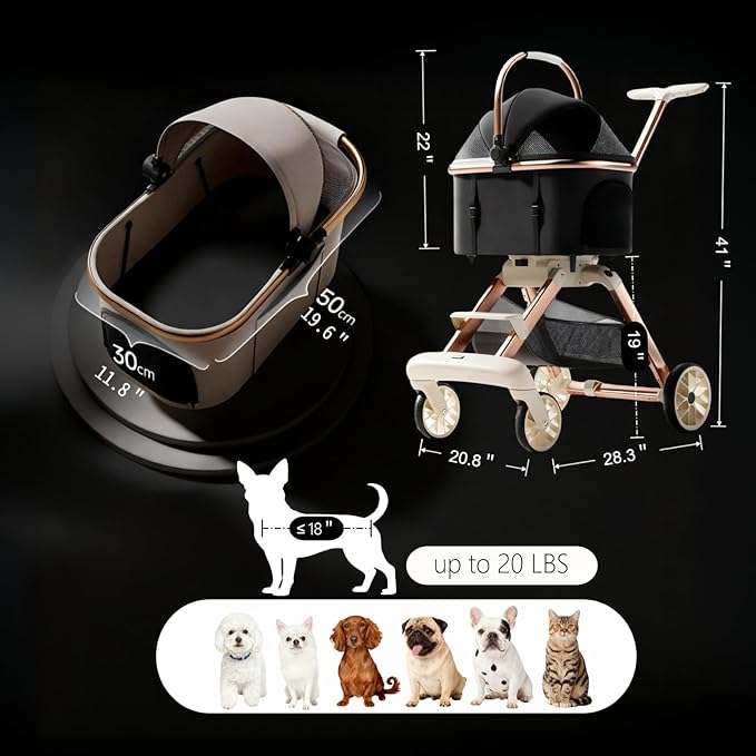 All-Terrain Pet Stroller for Small Medium Dogs & Cats, 20 lbs Capacity - Portable Carrier with One-Touch Brake, Lightweight Foldable Design & Shock Absorption Wheels,Khaki