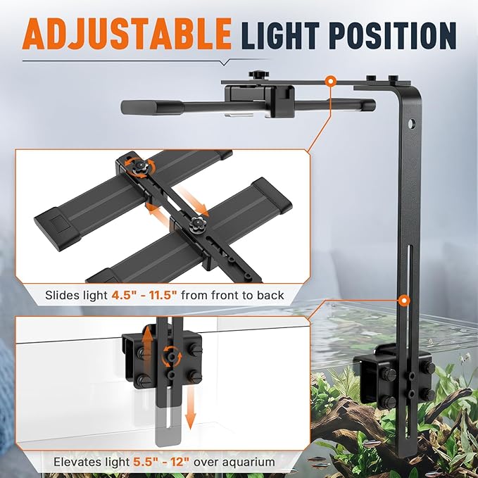 Salcod Aquarium Light Bracket for Rimless Tanks, Fits 2.4"-5.3" Lights | Fits 0.18"-1.2" Tank Edges, Adjustable Height & Depth, Aluminum Riser for Rectangular LED Lights, Planted & Saltwater Tanks