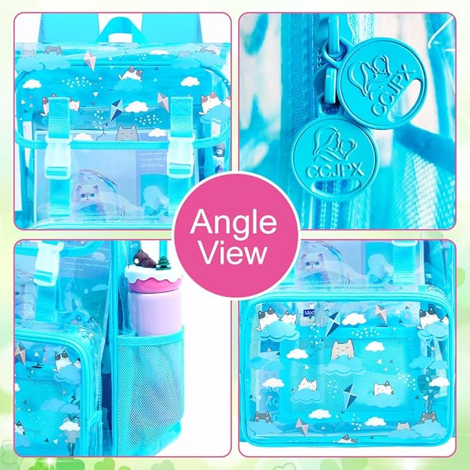 17" Cat Clear Backpack for Girls - 3Pcs Flip Design Stadium Approved Set, Campus/School Transparent Bookbag (Blue)