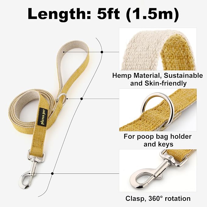Plutus Pet Cotton Hemp Dog Collar and Leash Set, Adjustable Collar for Small, Medium, and Large Dogs, Heavy Duty and Soft on Skin, Yellow, M