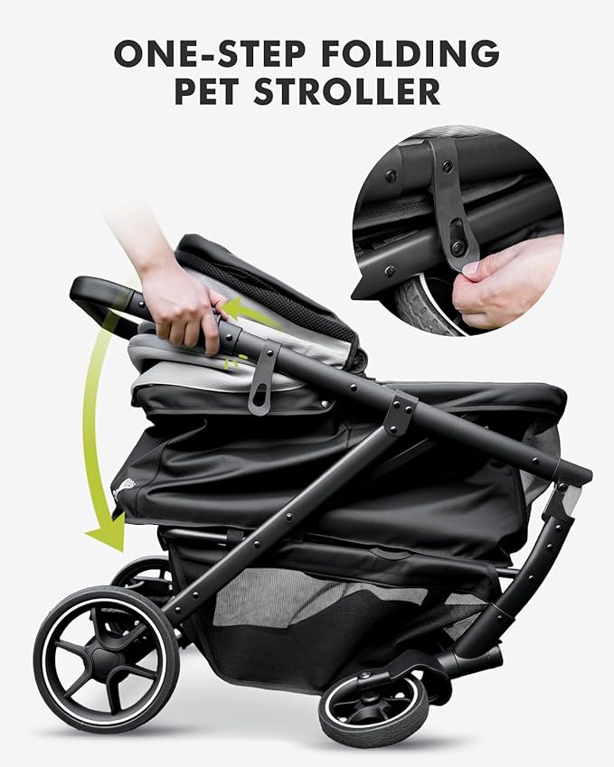 Medium Dog Stroller, Foldable Pet Stroller with Adjustable Handle & No Zip Entry, Storage Basket & Cup Holder, Canopy, Mesh Windows, Ideal for Medium Dogs and Cats Up to 50lbs, Black