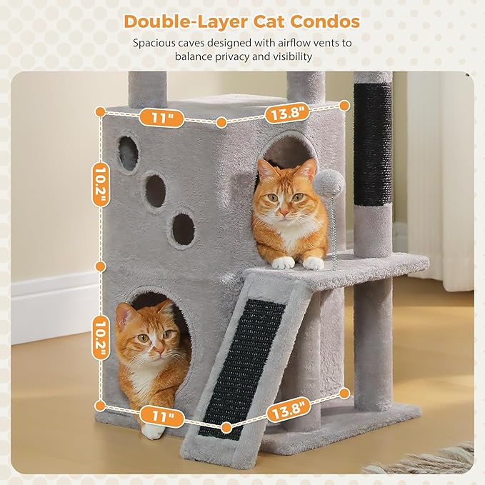 PETEPELA Cat Tree for Indoor Cats, 34.6" Small Cat Tower with Scratching Posts, 2 Condos, Scratching Ramp & Dangling Toys, Cat Play House for Multi-Cat Households, Black