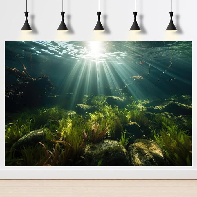 Ocean Floor Fish Tank Background Underwater Stone Aquarium Background Seaweed Branches Sunlight Fish Tank Backdrop Decoration Mysterious Aquarium Backdrop Durable Vinyl 72x16in