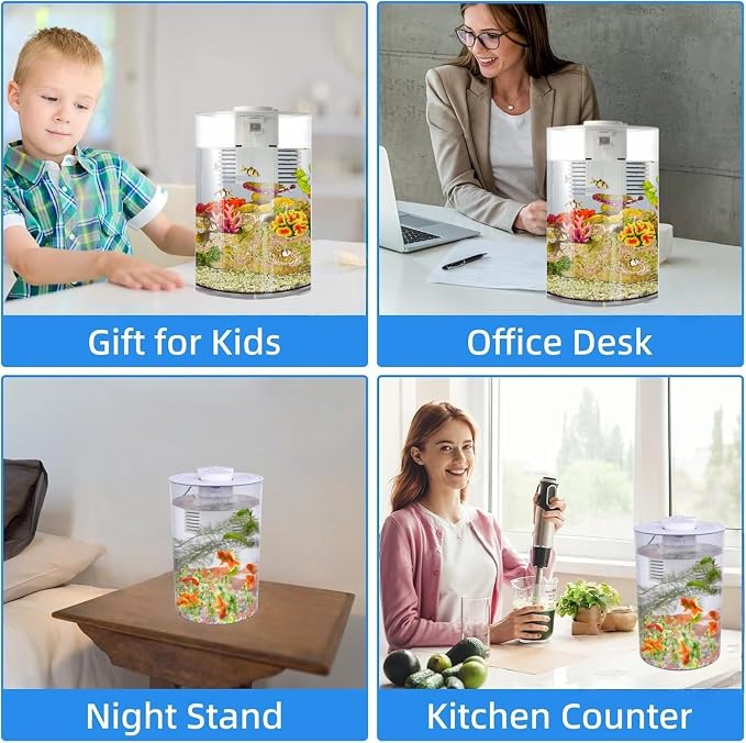 Desktop Fish Tank 3 Gallon Self-Cleaning, Nano Aquarium Goldfish Tank Starter Kit with LED Light & Filter, 360 View for Small Fish, Kids Room & Home Decor (17Color)