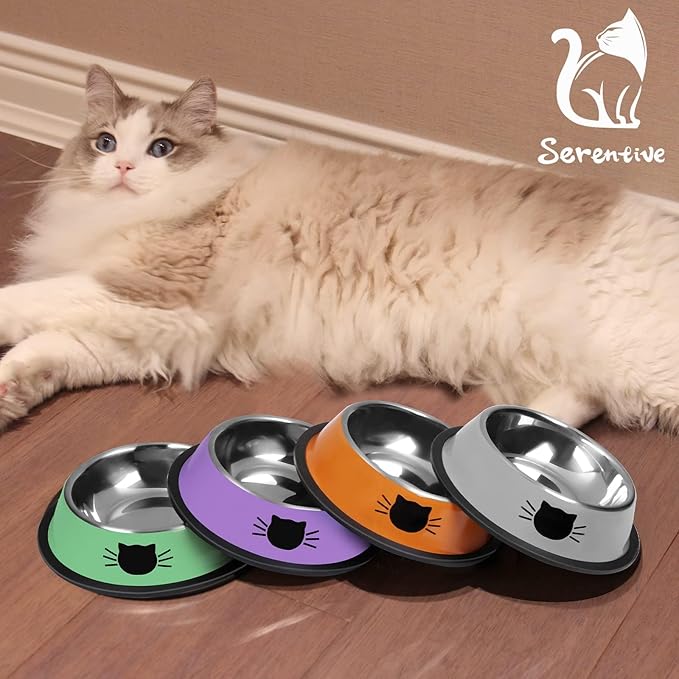 Serentive 2 Pcs Non-Slip Stainless Steel Small Cat Food Bowls - Unbreakable, 7 Oz, Suitable for Indoor Small Pets - Removable Rubber Base, Easy to Clean, Lovely Color