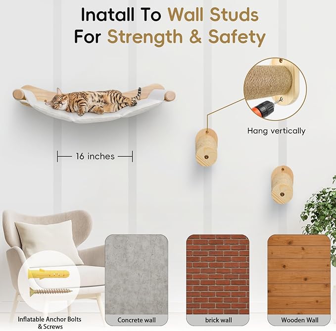 Heavy Duty Wooden Wall Mounted Cat Hammock - 21 * 18 in for Extra Large Indoor Cats 30 Lbs