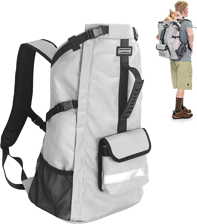 Dog Backpack Carrier for Medium Dogs - 4-Layer Protection, Under 30 lb, Waterproof, Adjustable Dog Hiking Backpack with Storage Pockets, Reflective Strips, Non-Slip Handle for Travel - Grey